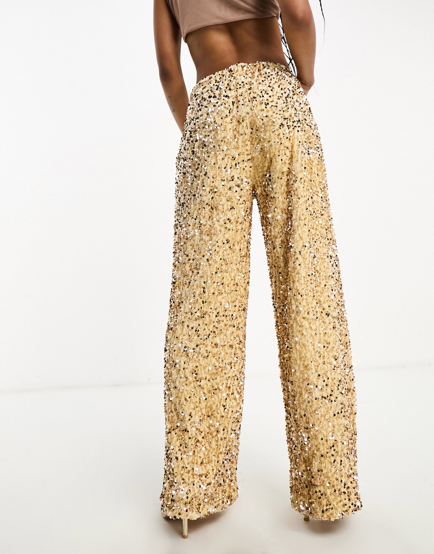 Extro & Vert Petite wide leg slouchy velvet trousers in gold