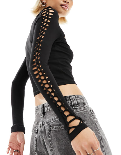 ASOS DESIGN cut out top with macrame sleeves in black