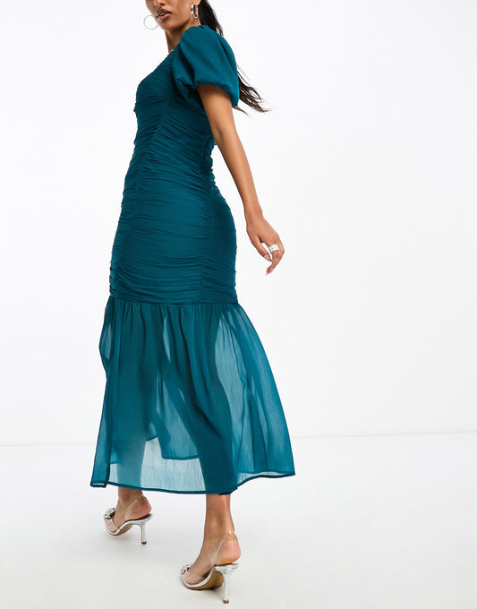 ASOS DESIGN sheer chiffon midi dress with ruching and keyhole detail in teal