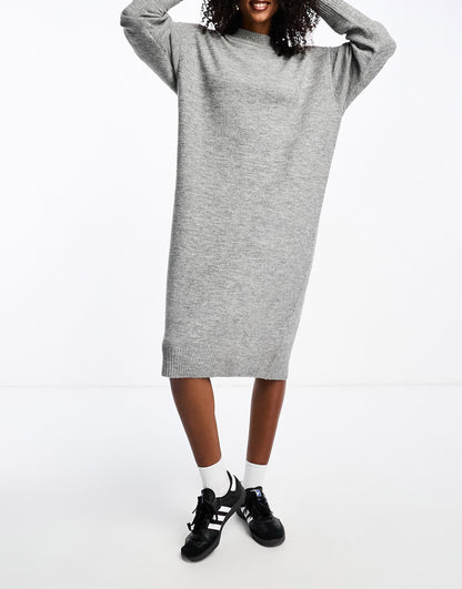 Monki long sleeve knitted midi dress in grey