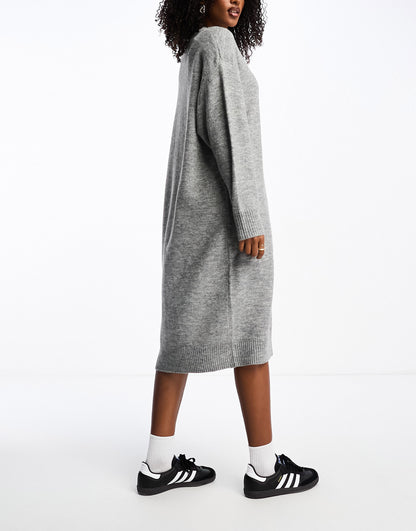 Monki long sleeve knitted midi dress in grey