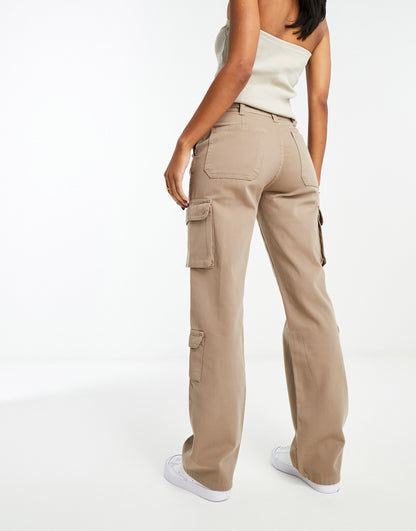 Stradivarius straight leg cargo trouser with adjustable waist in taupe