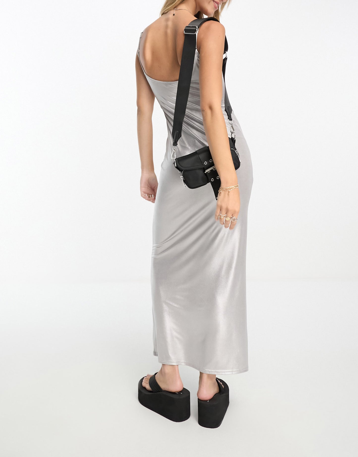 Stradivarius metallic cami dress in silver