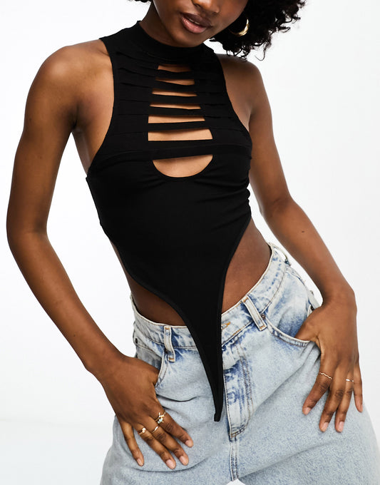 The Kript high neck asymmetric hem cut out crop top