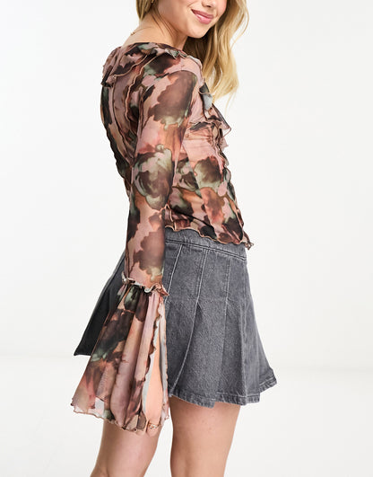 Miss Selfridge tie front mesh blouse with ruffle detail in blurred abstract print