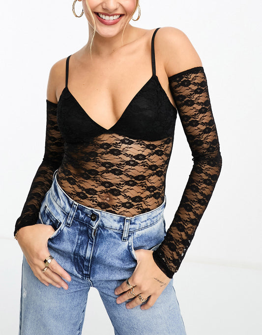 Miss Selfridge lace bodysuit with detachable sleeves in black