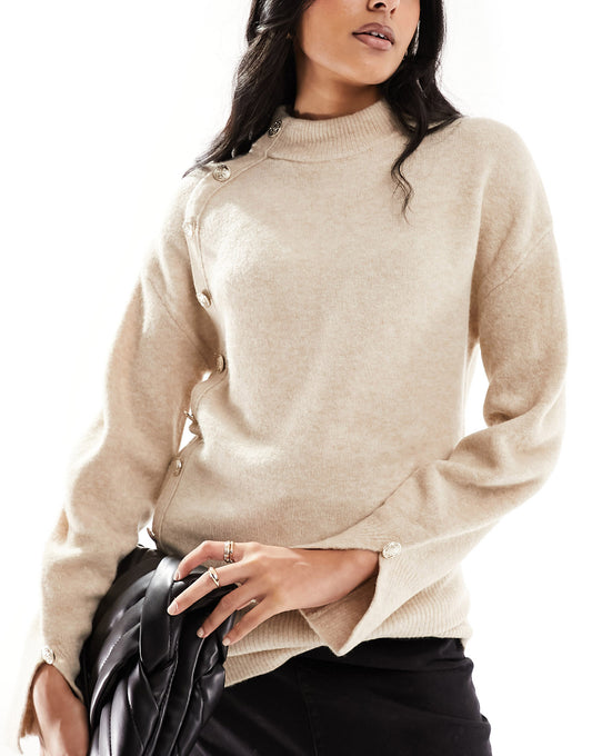 Morgan knitted wool jumper with button details in beige