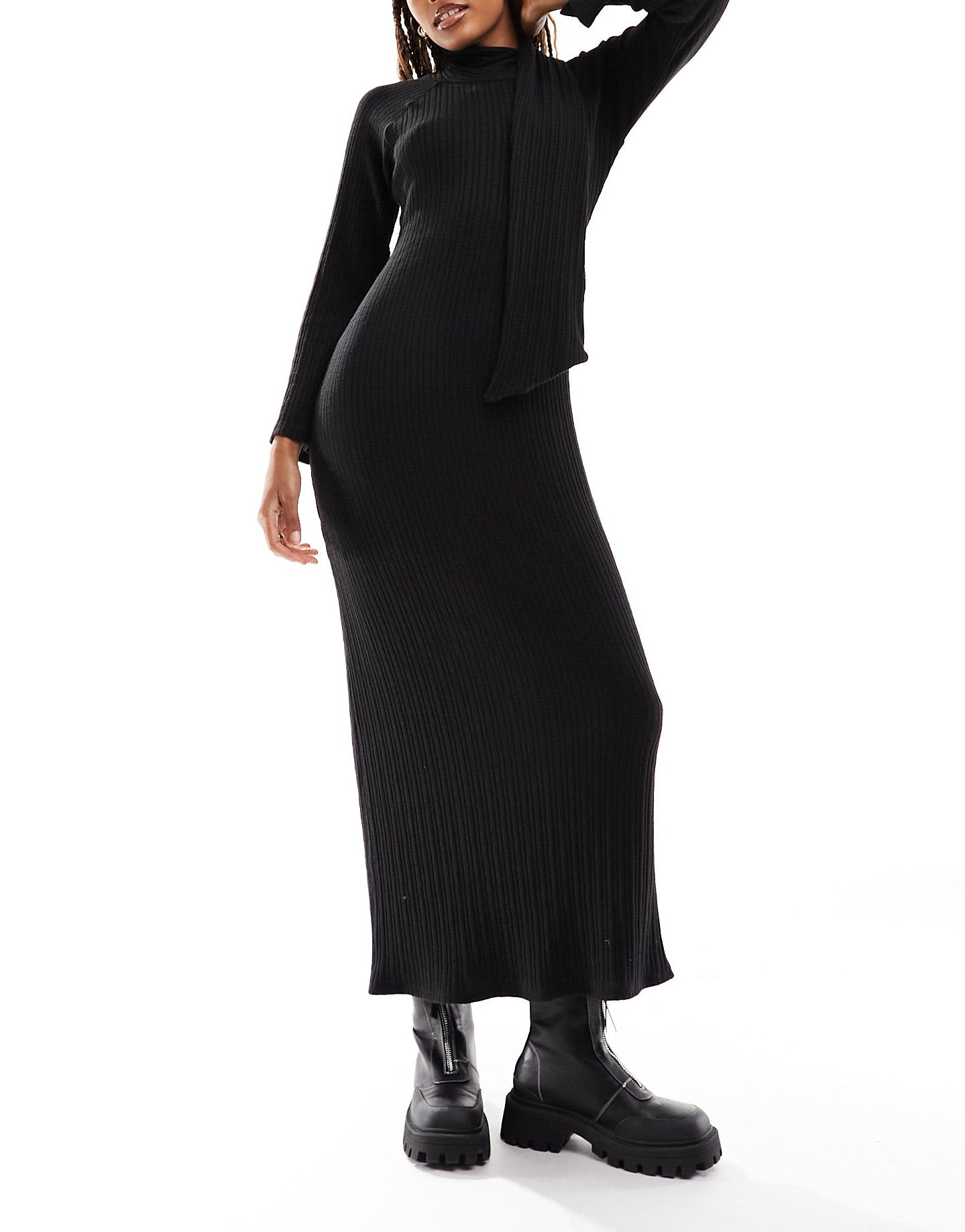 ASOS DESIGN long sleeve maxi dress with scarf neck detail in black