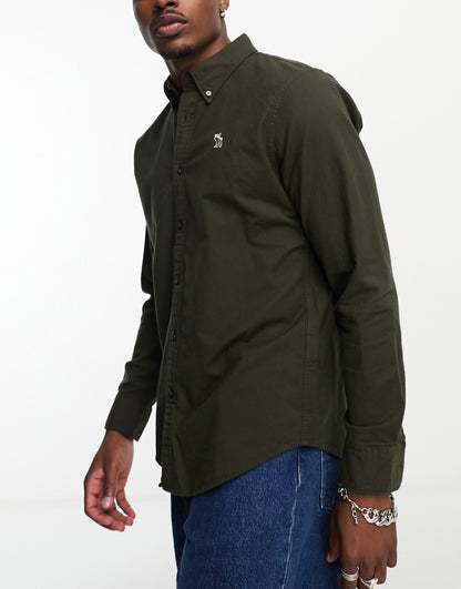 Abercrombie & Fitch elevated icon logo relaxed fit oxford shirt in olive green