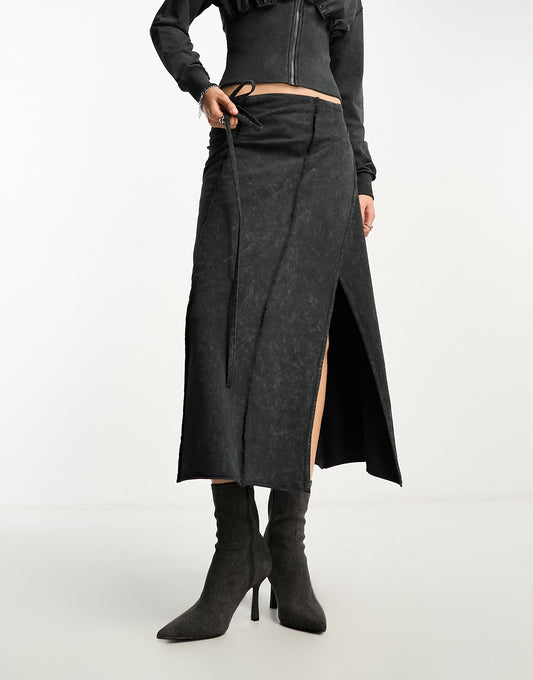 COLLUSION acid wash wrap midi skirt in black