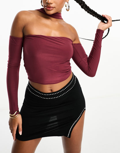 Kaiia bardot choker detail top in burgundy