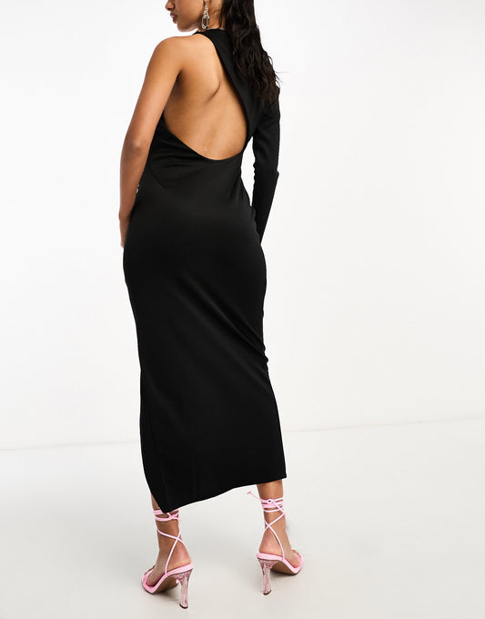 ASOS DESIGN one shoulder midi dress with front split in black