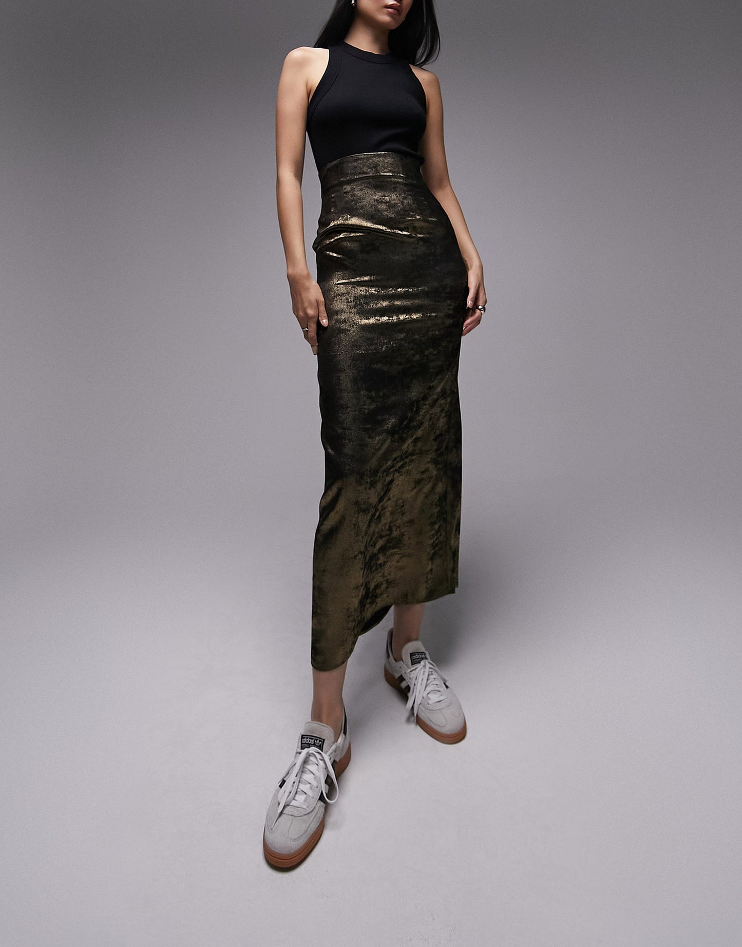 Topshop metallic super high waist maxi skirt in gold