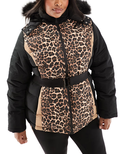 Threadbare Plus Ski belted coat with faux fur hood in leopard print