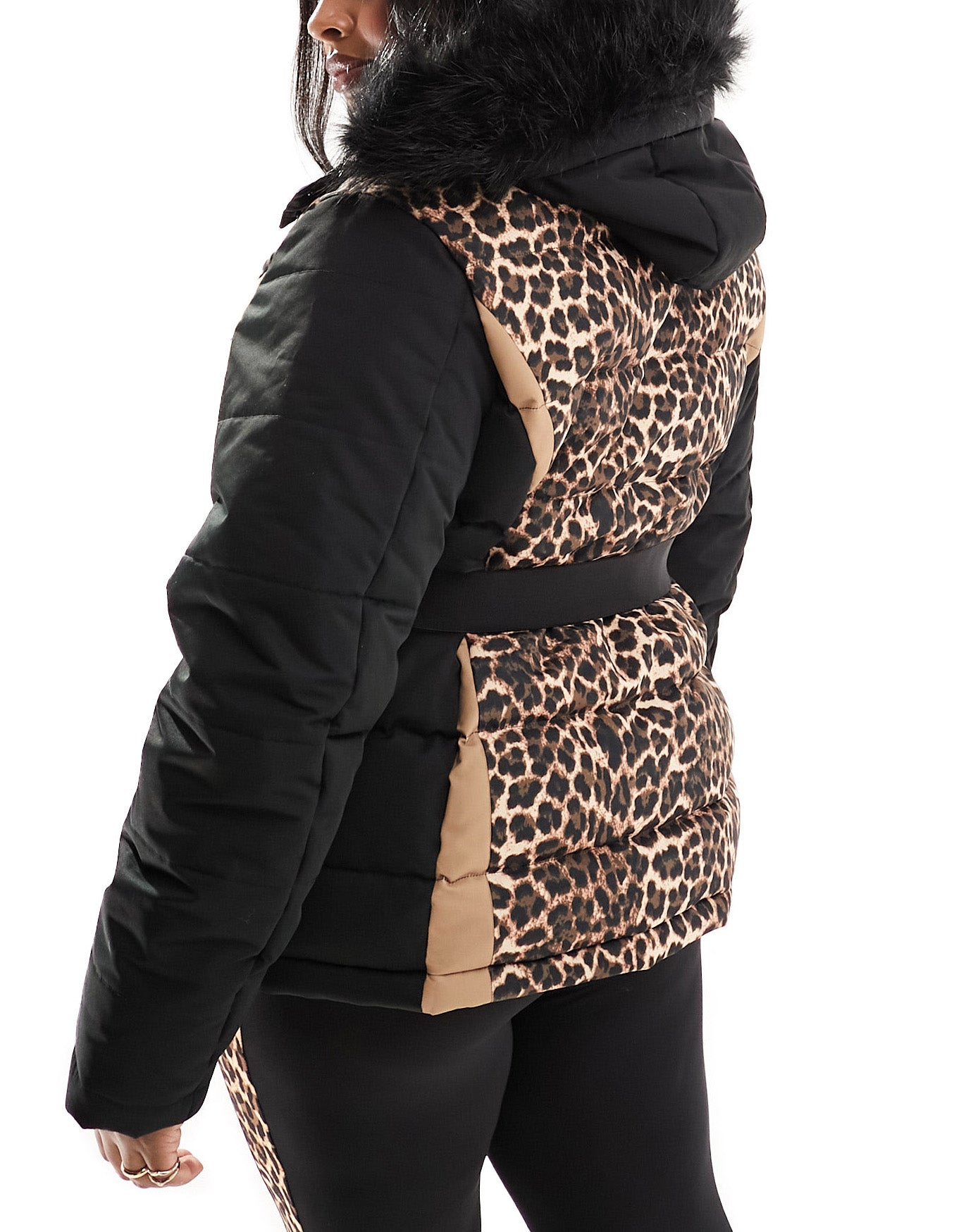 Threadbare Plus Ski belted coat with faux fur hood in leopard print