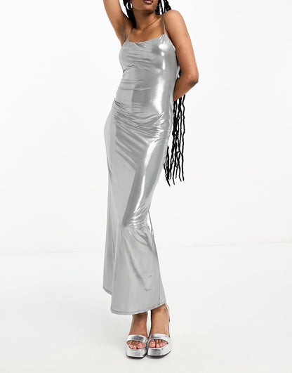 Bershka metallic bodycon maxi dress in metallic silver