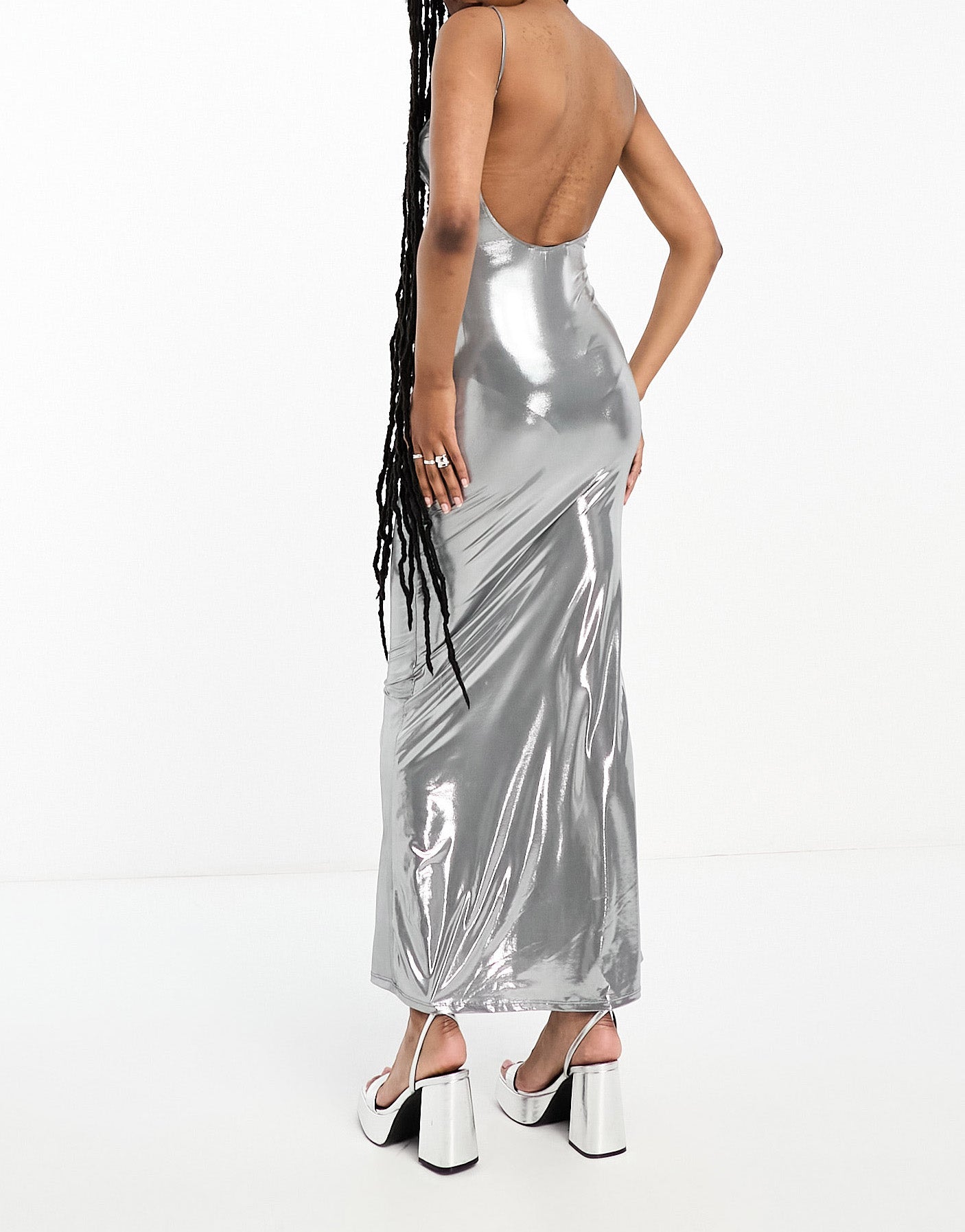 Bershka metallic bodycon maxi dress in metallic silver