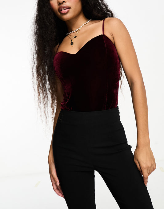 In The Style Petite exclusive sweetheart neckline velvet body in burgundy