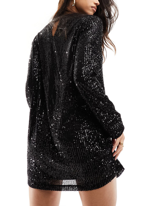 In The Style exclusive sequin split detail shift dress in black