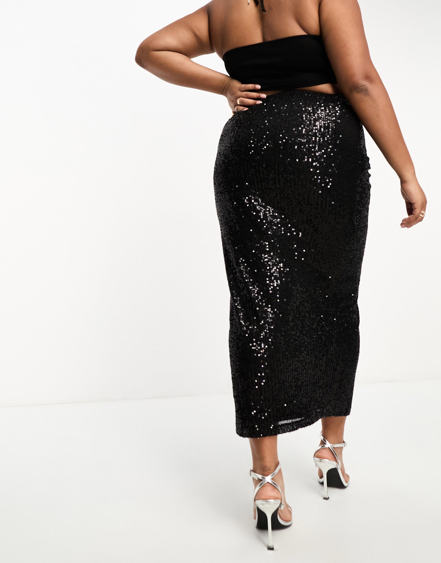 In The Style Plus exclusive twist front sequin midi skirt in black