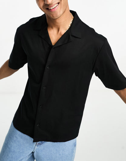 River Island jersey revere collar shirt in black