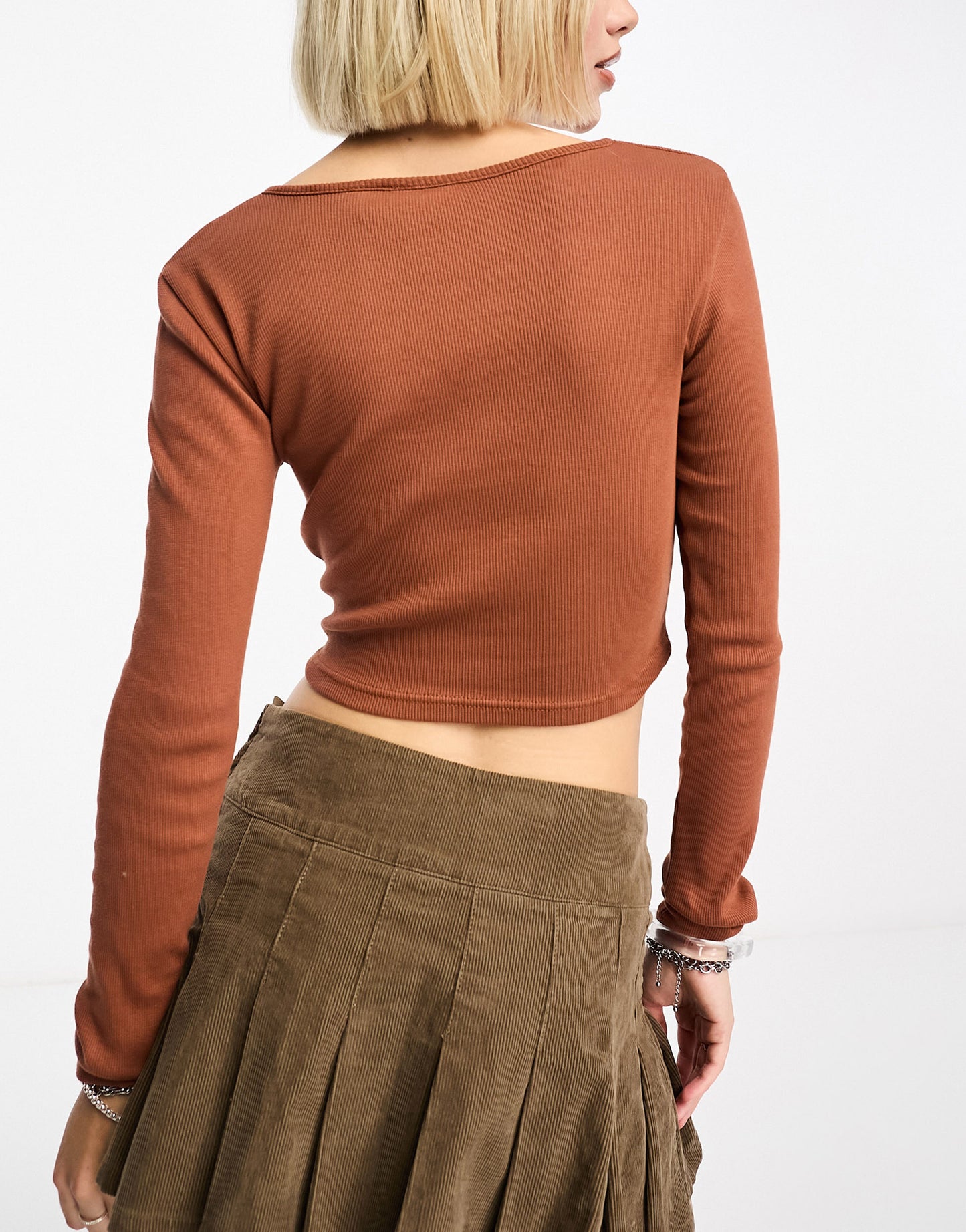 Daisy Street long sleeve henley crop top with chicago print in brown