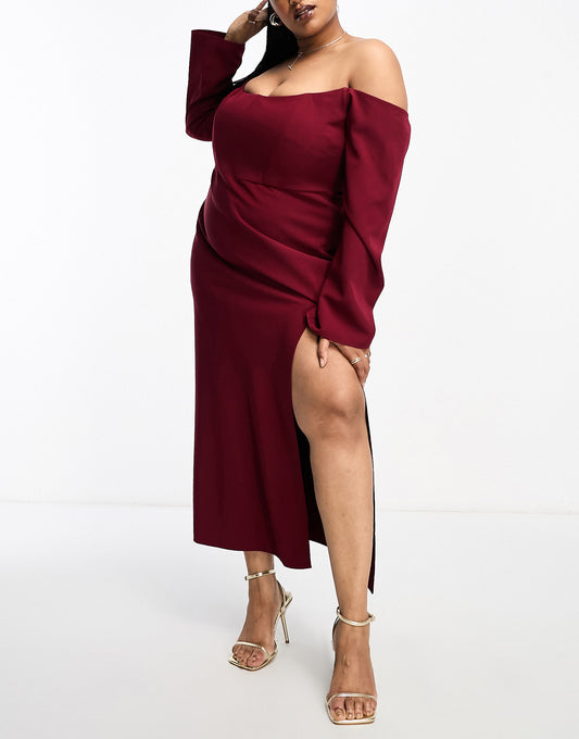 ASOS DESIGN Curve exclusive bardot corset detail midi dress in wine