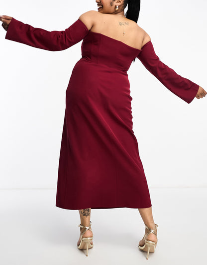 ASOS DESIGN Curve exclusive bardot corset detail midi dress in wine