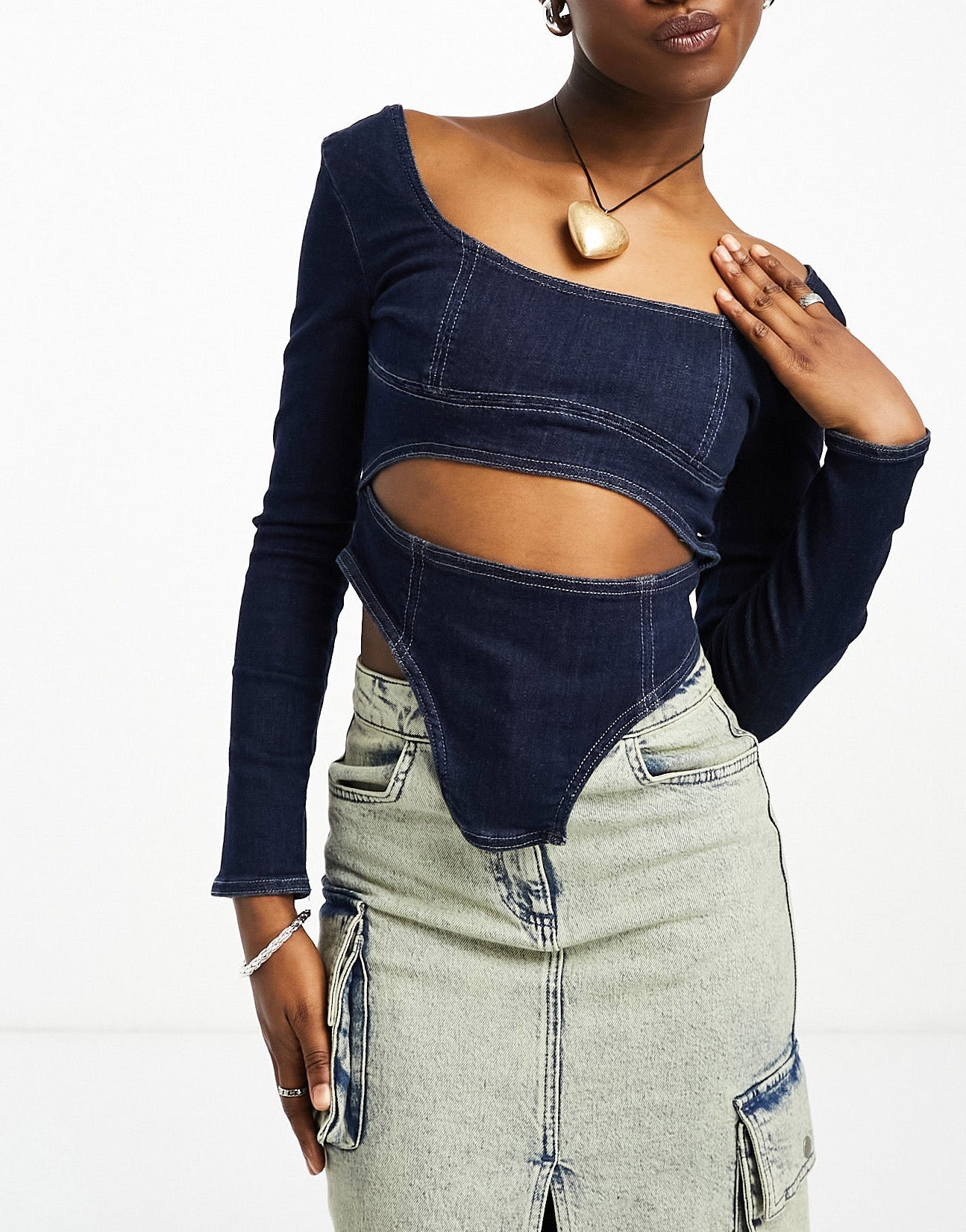 Bershka cut out front denim top in blue