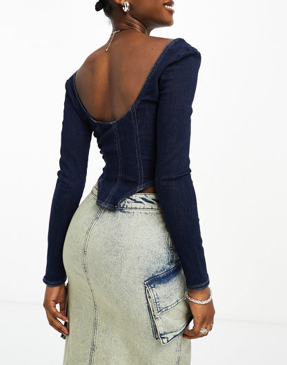 Bershka cut out front denim top in blue