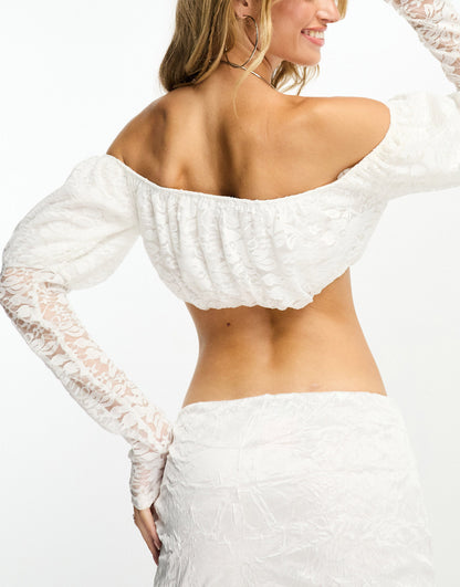 ASOS DESIGN lace off the shoulder puff sleeve crop top in ivory