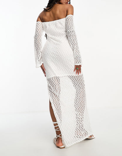 ASOS DESIGN textured lace off the shoulder maxi dress in ivory