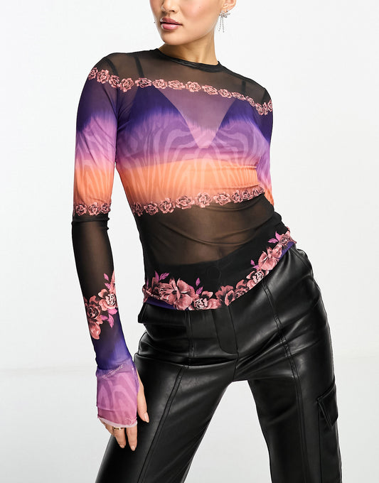 AFRM kaylee long sleeve mesh top with floral and zebra print