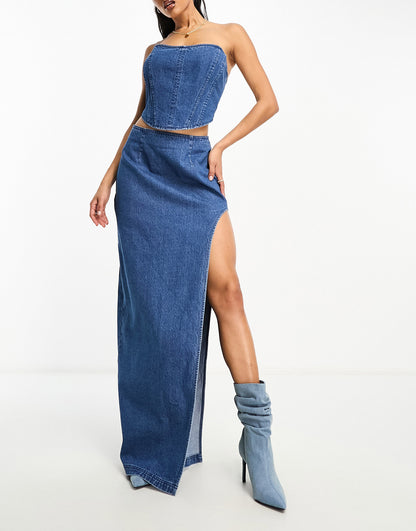 AFRM nadia co-ord denim maxi skirt in midwash blue with high rise slit