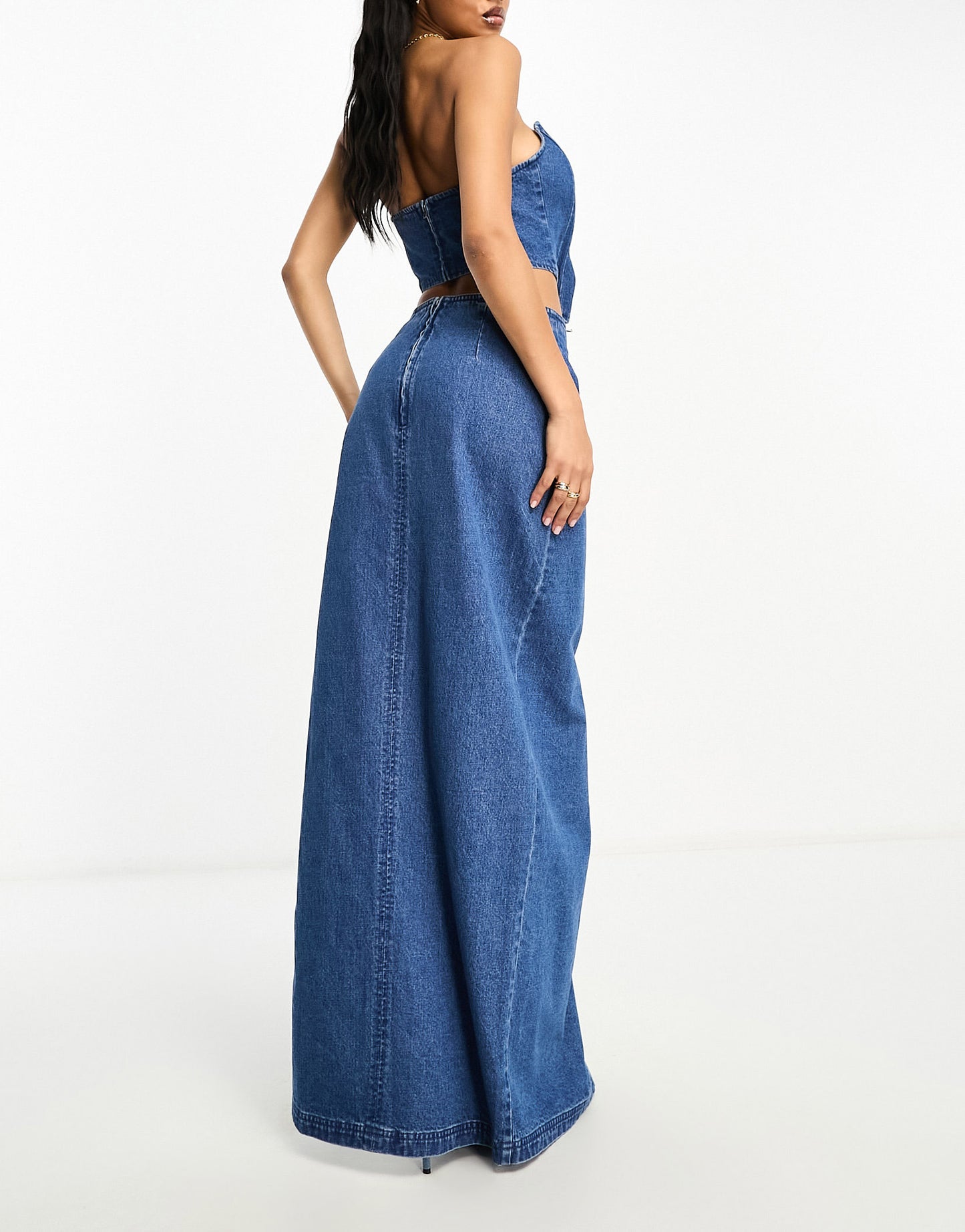 AFRM nadia co-ord denim maxi skirt in midwash blue with high rise slit