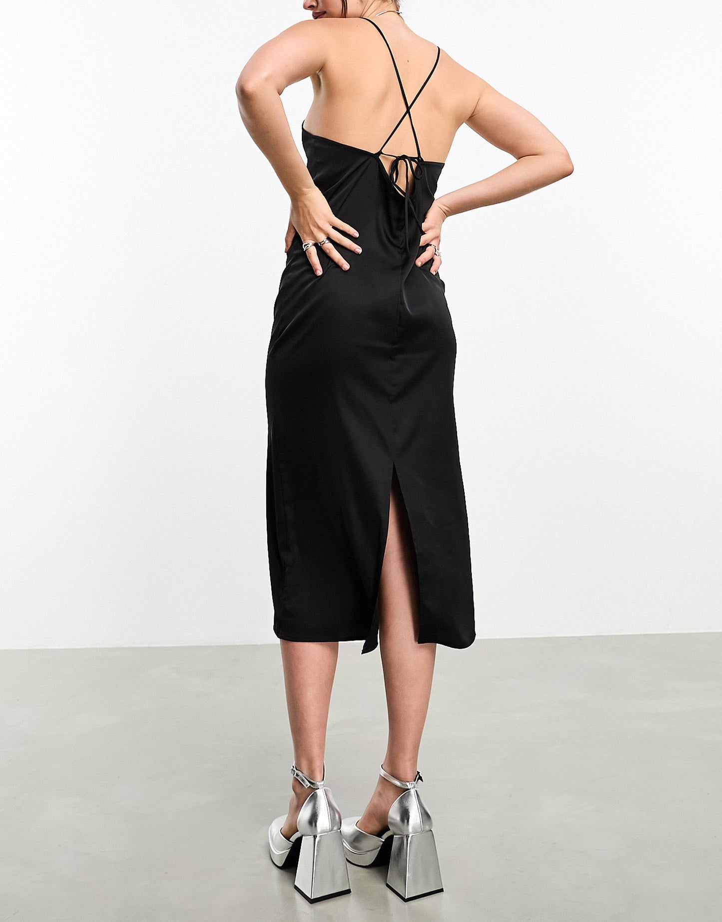 Monki midi slip dress with tie back in black