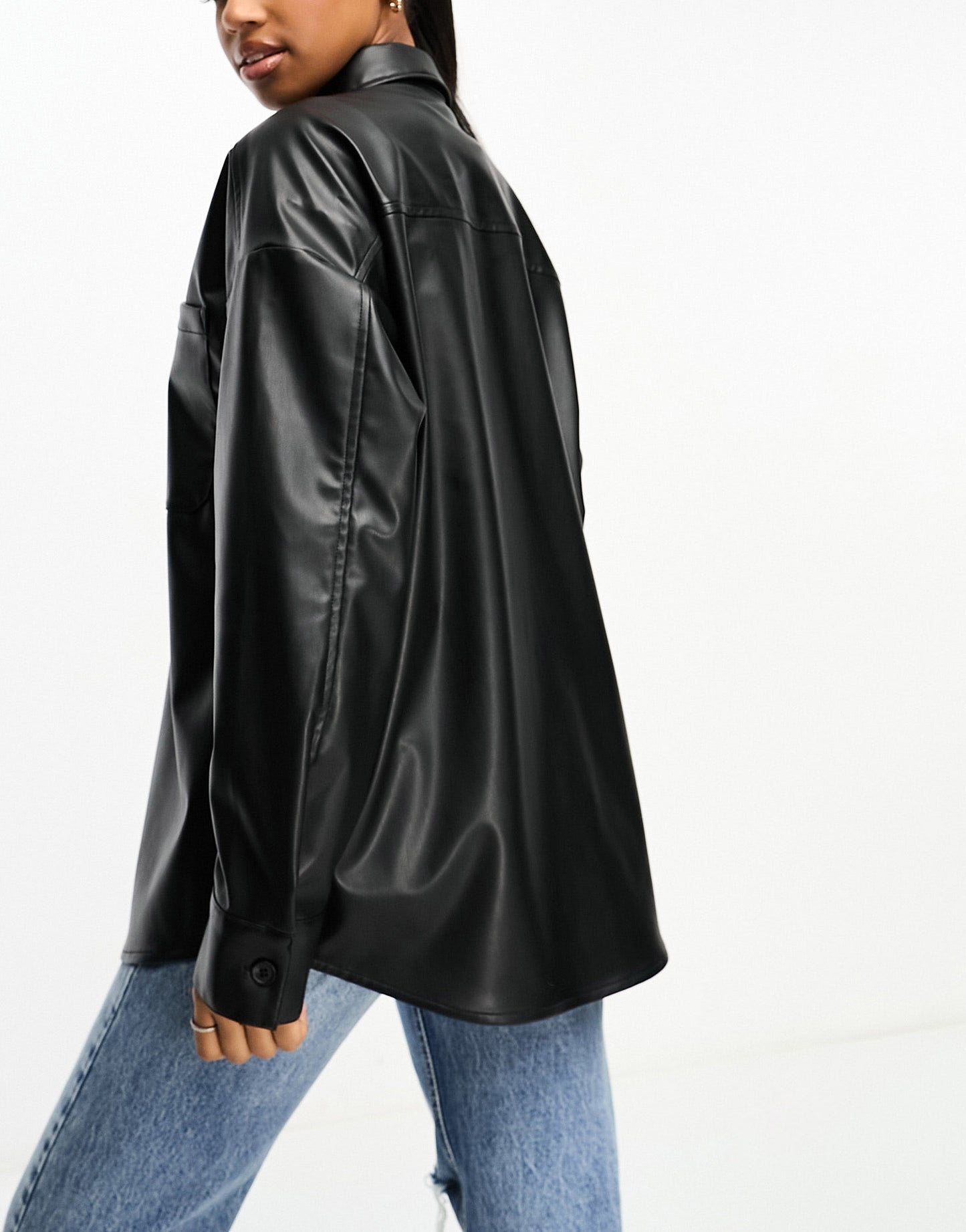 Monki faux leather oversized shacket in black