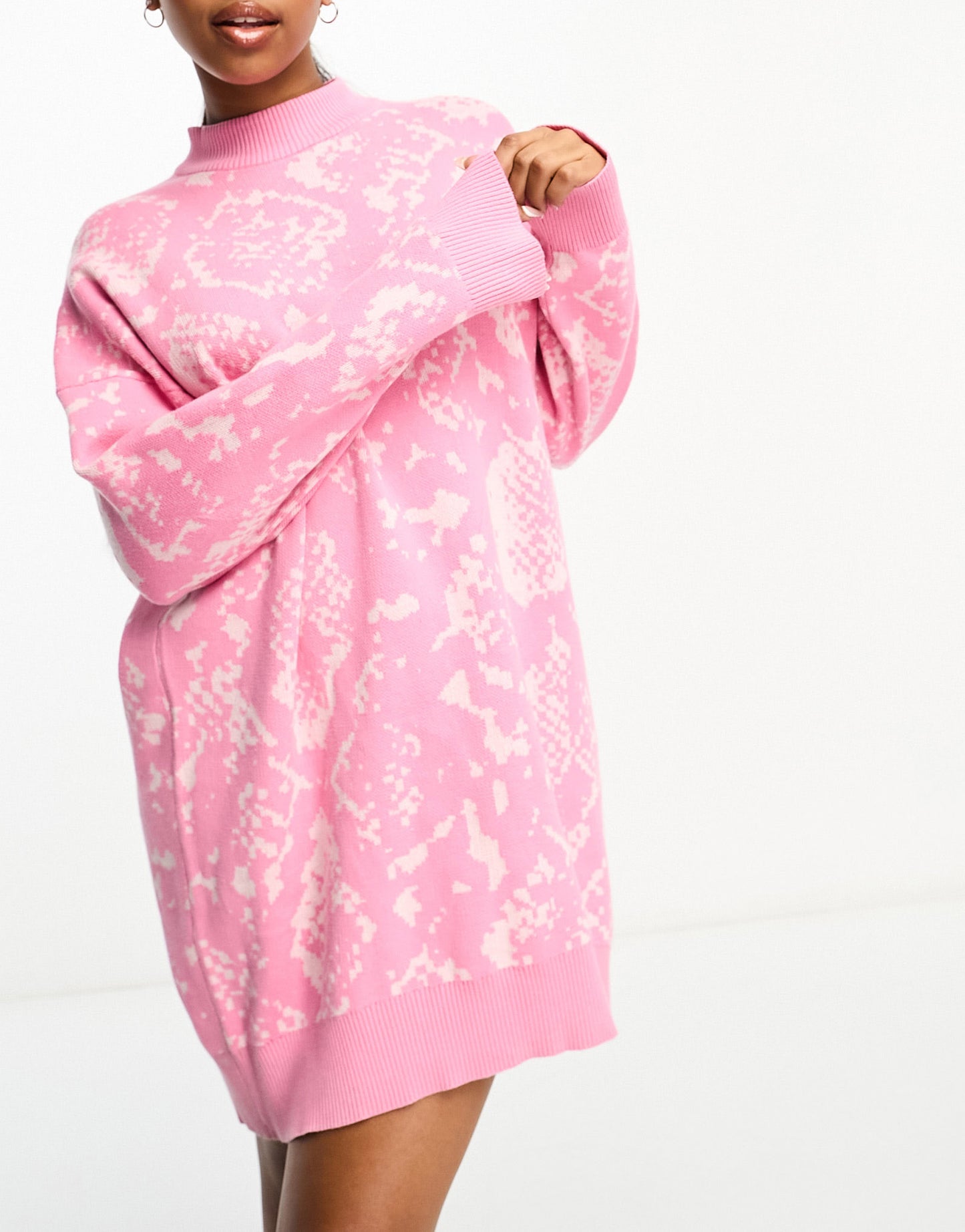 Monki oversized knitted mini dress in pink snake print