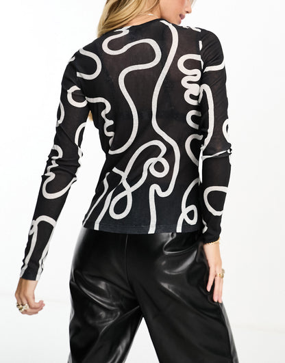 Monki long sleeve top in mono scribble print