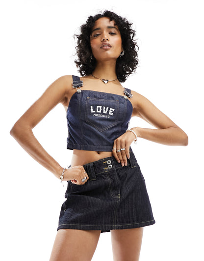 Love Moschino cropped denim top with buckle detail in dark blue