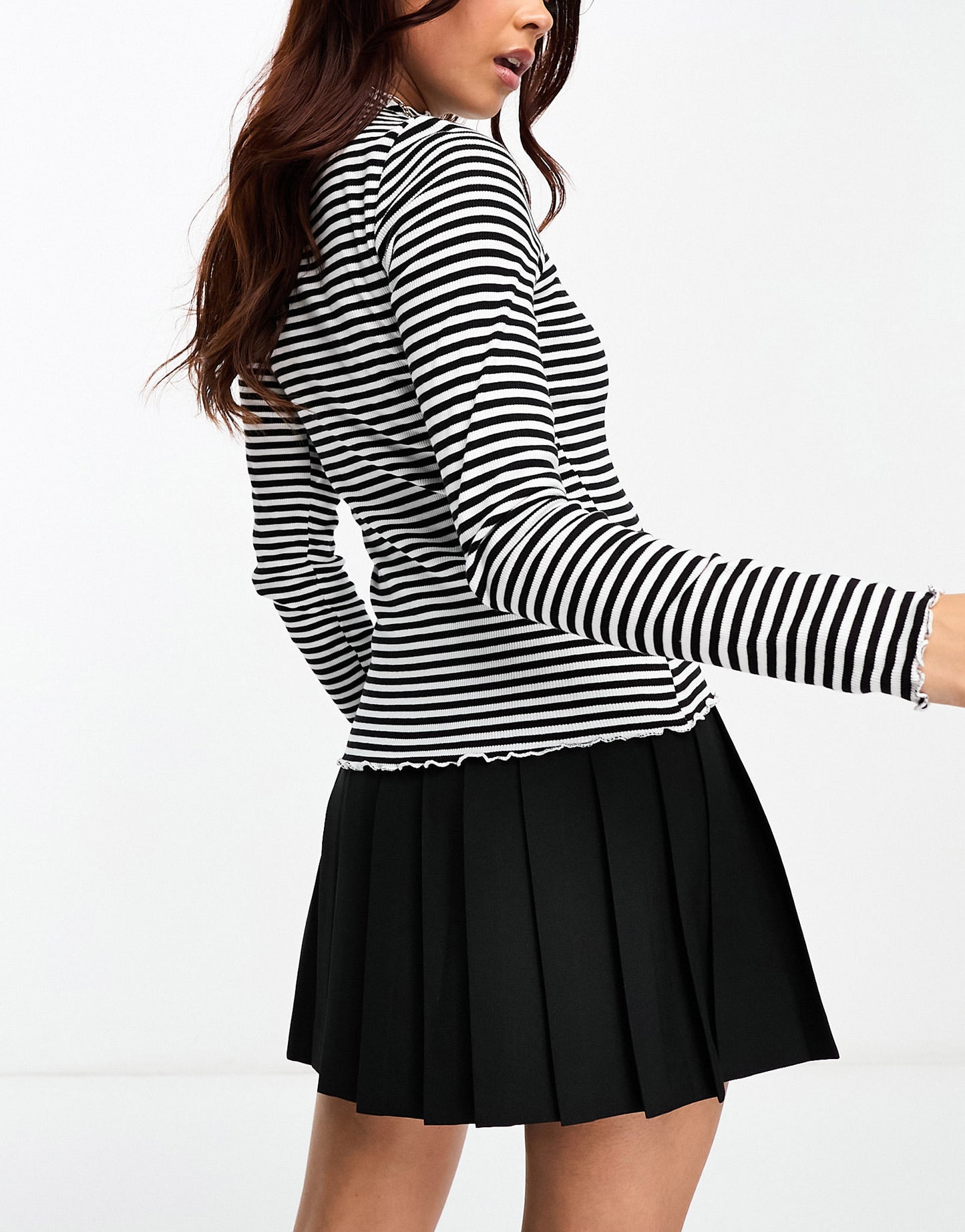 Monki long sleeve lettuce edge high neck top in black and white