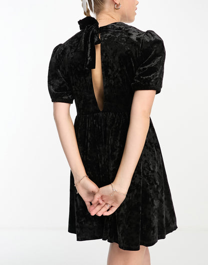 Monki crushed velvet mini puff sleeve dress in black