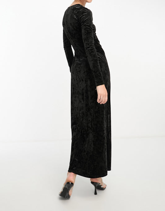 Monki crushed velvet long sleeve maxi dress in black