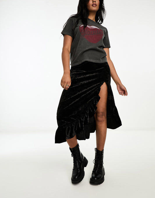 Monki crushed velvet midi side split ruffle detail skirt in black