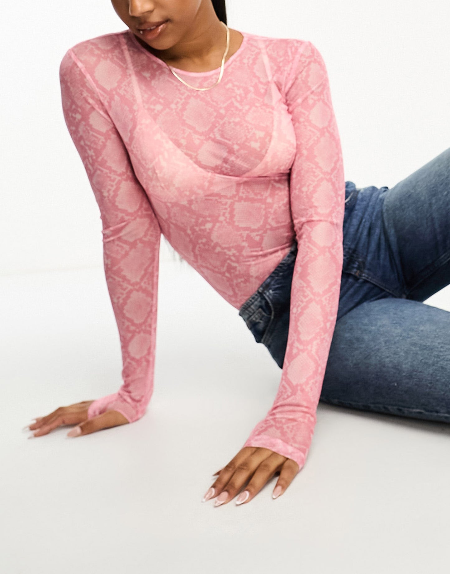 Monki long sleeve mesh top in pink animal print