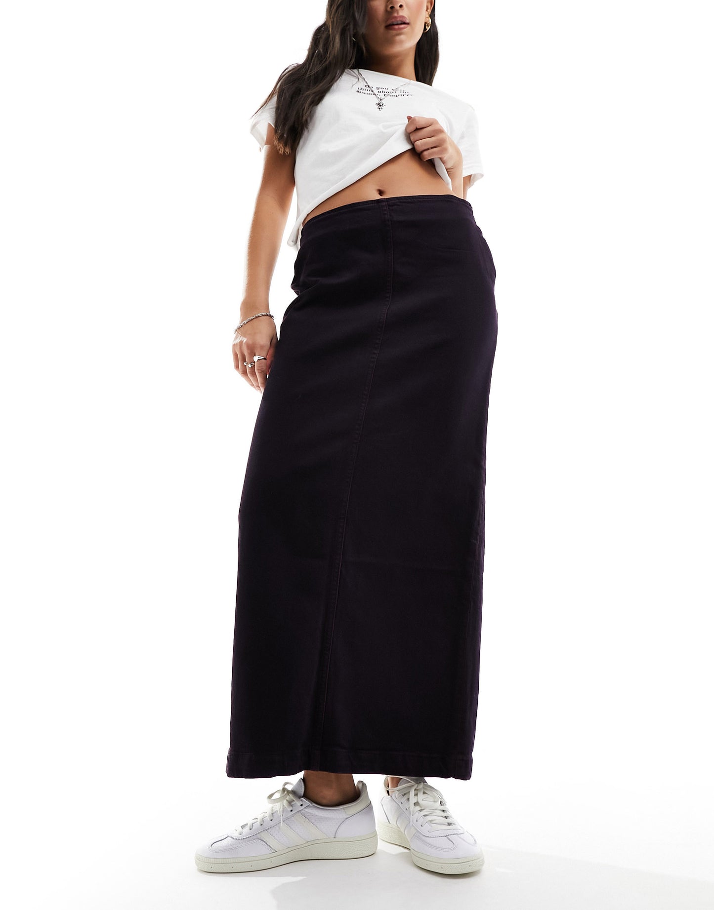 Monki denim midi skirt with front split in dark tint red