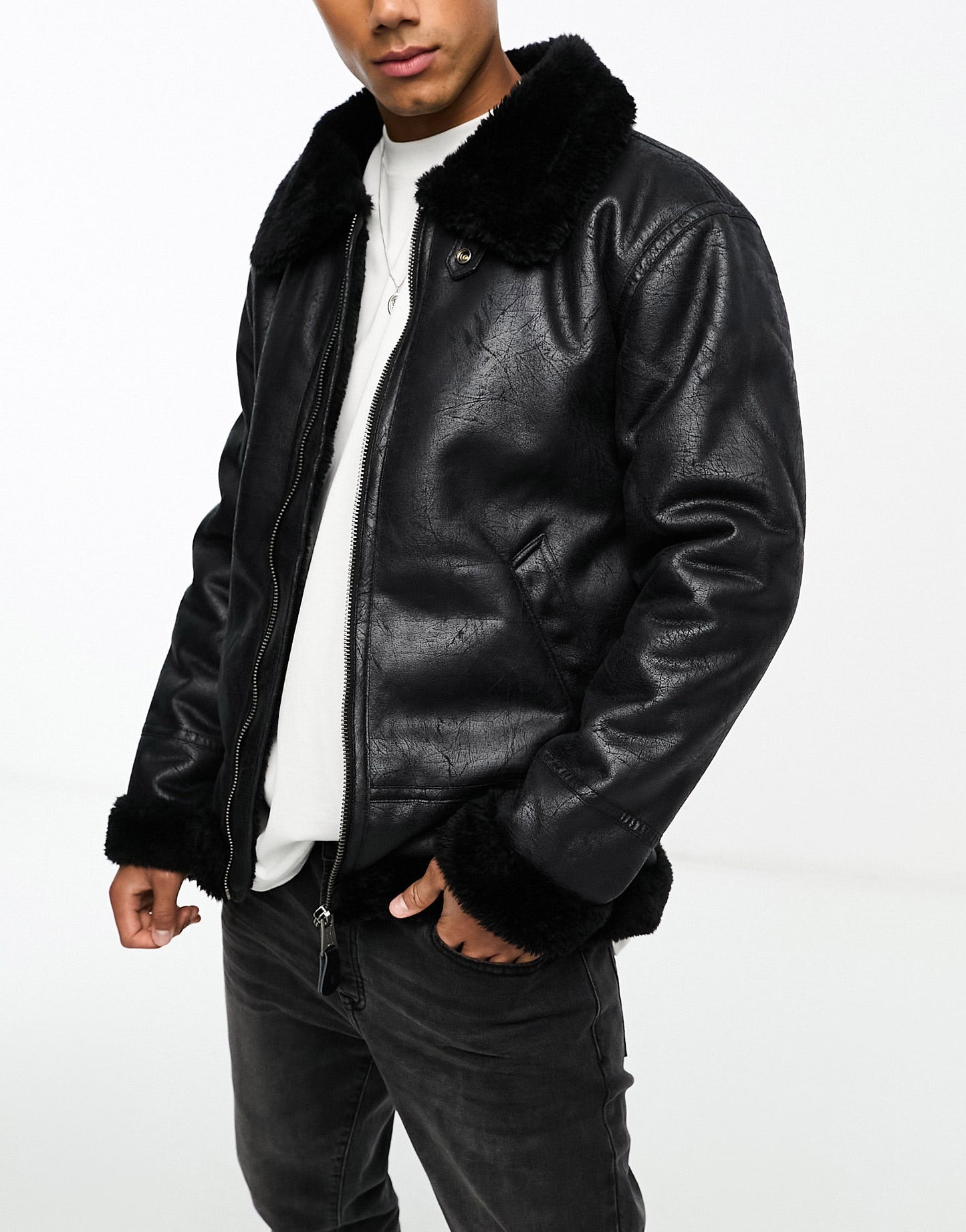 Alpha Industries B3 faux leather shearling flight jacket in black