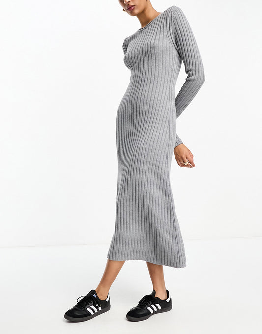 & Other Stories flared ribbed knitted midi dress in grey