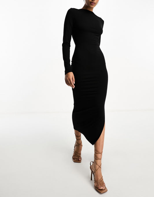 ASOS DESIGN long sleeve midi dress with open back and strap detail in black