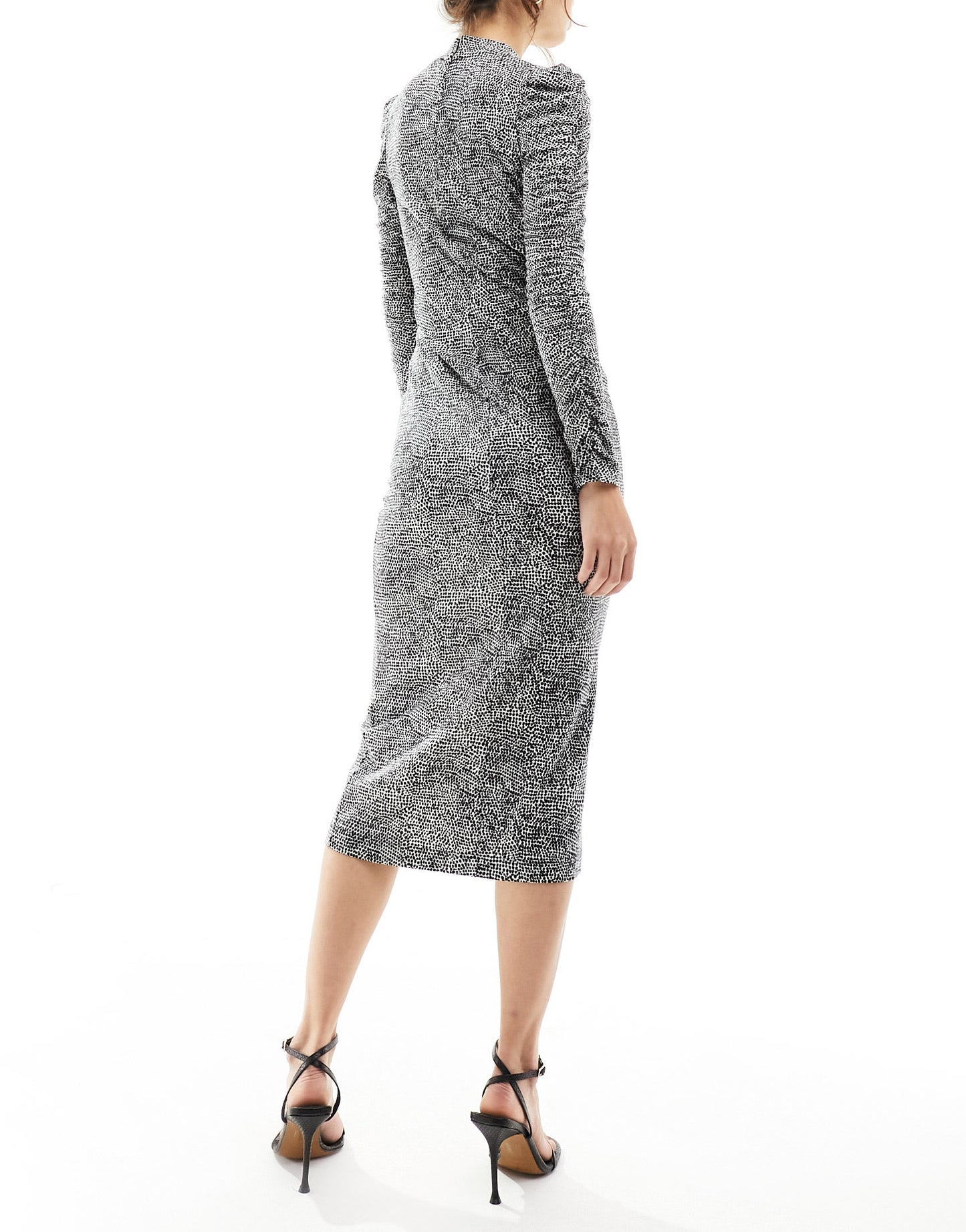 Whistles ruched sleeve jersey midi dress in contrast dot